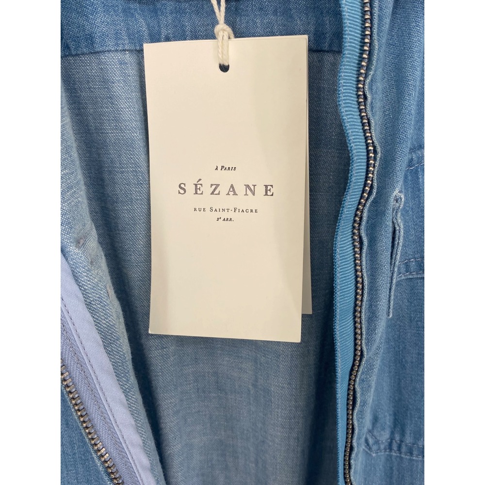 Sezane Denim Bob Jumpsuit Light Blue Wash Utility Long Sleeve Tie Waist US 6 NEW - Picture 12 of 14